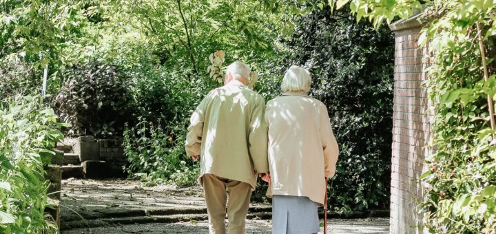 Back view of older couple walking