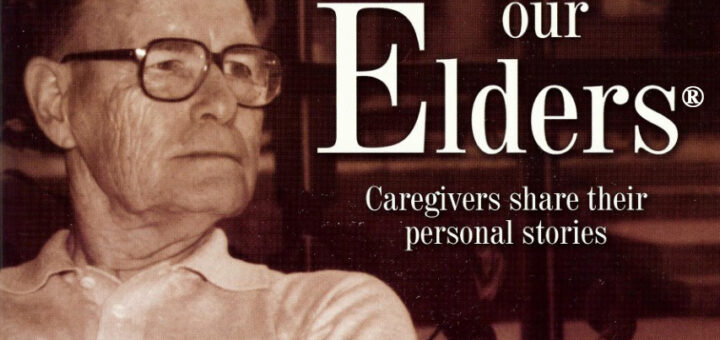 Cover of Minding Our Elders: Caregivers Share Their Personal Stories with the image of an older man - the author's father - on the cover sitting with his arms crossed.