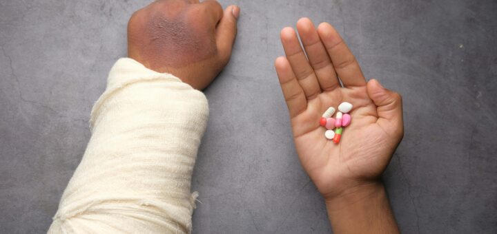 Image of a bandage-wrapped forearm with a fist down dark hand peeking out of wrapping. on the right is an open-palmed hand holding a bunch of pills.