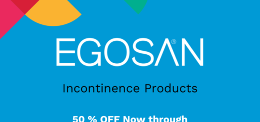 The background is a medium blue, one of Egosan's iconic colors. In the upper right is a multicolored graphic of pie shapes. The text reads Egosan Incontinence Products and provides a link and code: 50B637XT