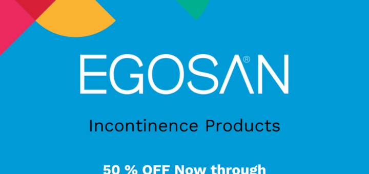 The background is a medium blue, one of Egosan's iconic colors. In the upper right is a multicolored graphic of pie shapes. The text reads Egosan Incontinence Products and provides a link and code: 50B637XT