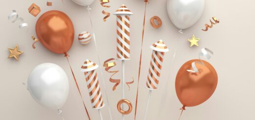 the indoor image is of a celebratory combination of gold egg shaped bulbs and white ones on ticks in a vase. There are additional gold and white twisted favors stuck in the base, too.