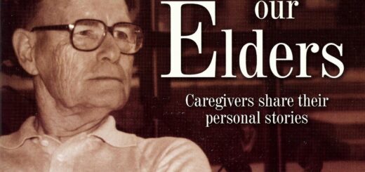 Cover of Minding Our Elders: Caregivers Share Their Personal Stories. The background is a sepia-toned room. In the foreground is a picture of the author's father, sitting in a contemplative pose with arms crossed. This image is also sepia-toned in browns of different shades. To the right is the book title.