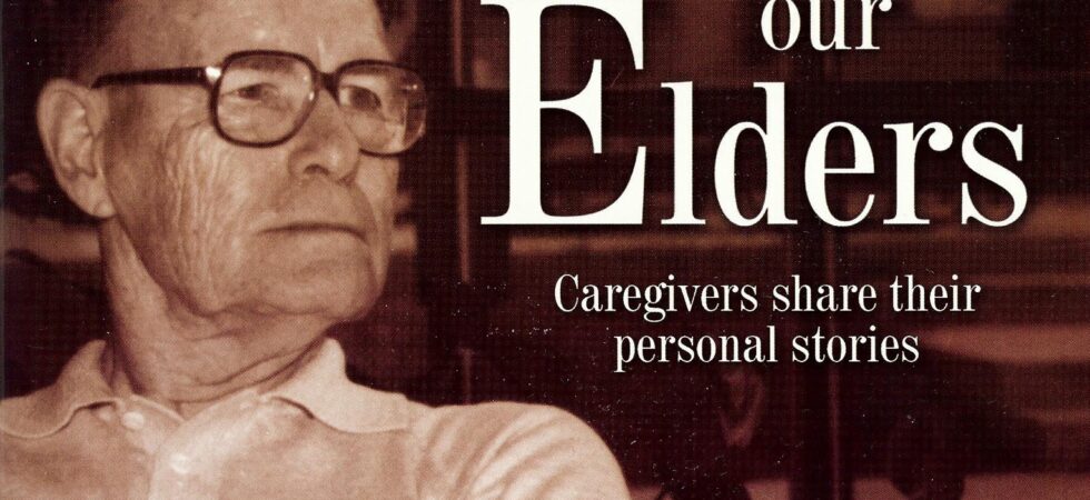 Cover of Minding Our Elders: Caregivers Share Their Personal Stories. The background is a sepia-toned room. In the foreground is a picture of the author's father, sitting in a contemplative pose with arms crossed. This image is also sepia-toned in browns of different shades. To the right is the book title.