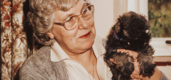 This indoor image shows an olde woman holding a brown poodle mix. She's looking lovingly at the dog while she pets it. She has gray hair and wears glasses, a beige bulky sweater, and a cream blouse. He background shows old fashioned curtains.