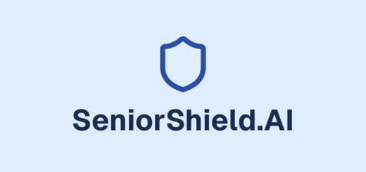 The Senior Shield logo. The background is light blue. In the center we see a dark blue outline of a classic shield shape. Beneath that we send the words SeniorShield.Ai