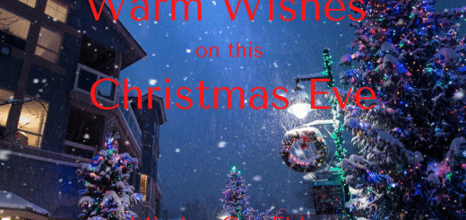 We see a clear night sky with stars - one of which is brighter. On the right is a snow-covered evergreen in the foreground. Beyond we see a holiday wreath poking out along with a traditional street light. On the left we see a shadowy two-story home wiht lights on behind closed curtains. The overall text is in red and reads, "Warm Wishes on Christmas Ever from Minding Our Elders.