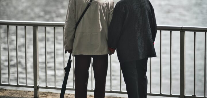 An older couple looks out over a railing onto water. The gray atmosphere is somber, as the woman holds the man's arm. He wears a tan jacket and a cap and uses a walking stick on a strap. Her gray hair is uncovered, and she wears a black jacket and pants.
